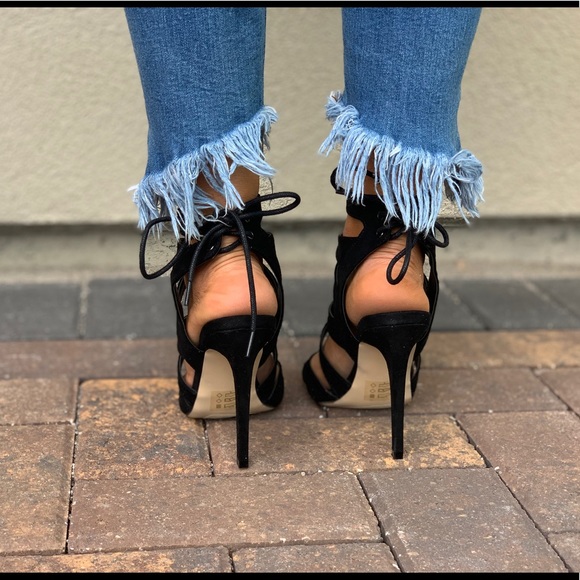 Black Strappy Caged Laced Up High Heel Sandal - Picture 6 of 8
